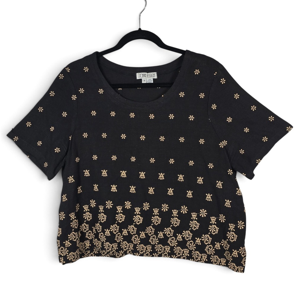 Donna Jessica Top Womens 1 Embroidered Black Beige Short Sleeve Boxy EUC Floral